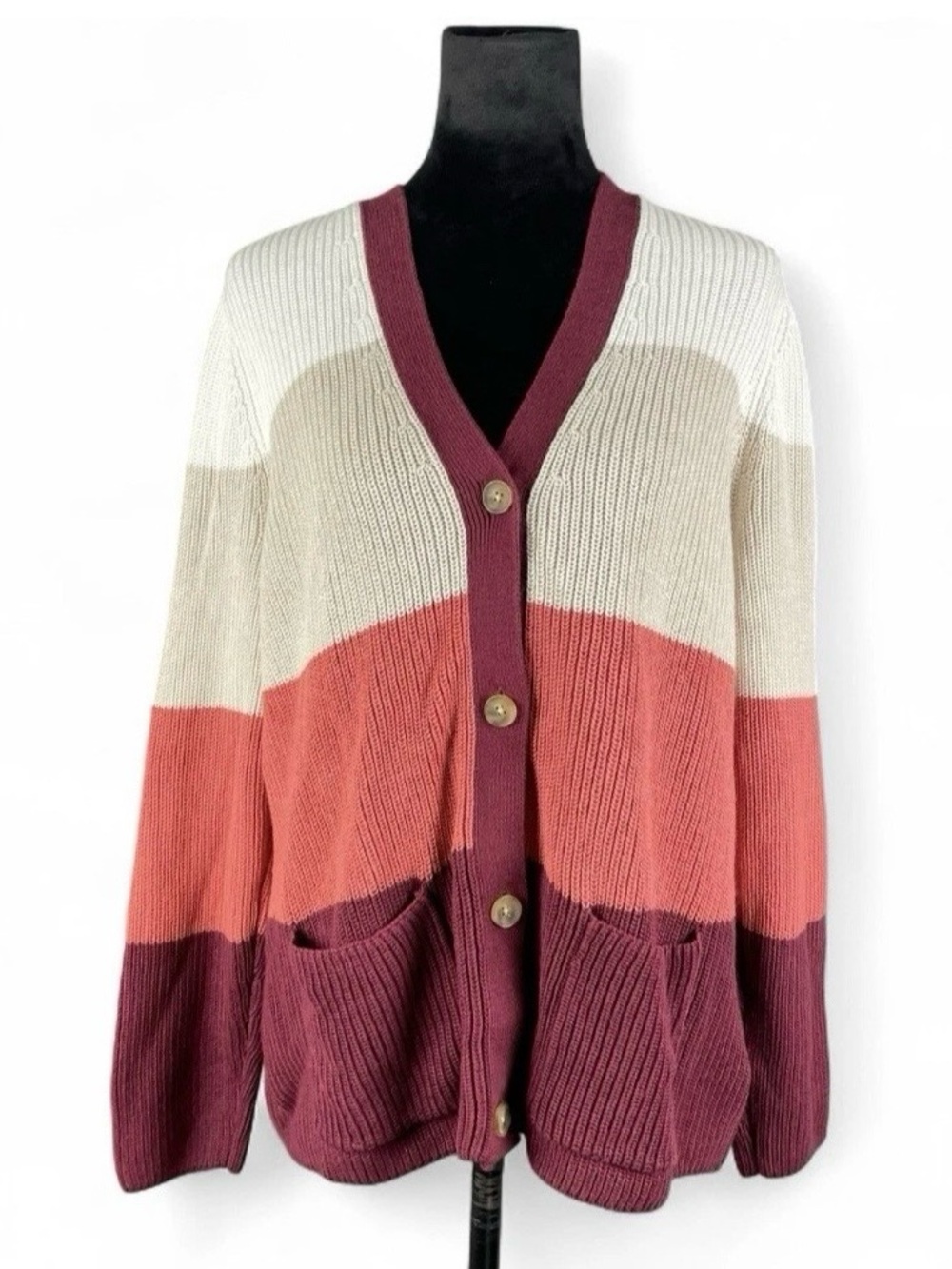 Land’s End Colorblock Rib Chunky Knit Cardigan Sweater Cotton Women’s L 14-16